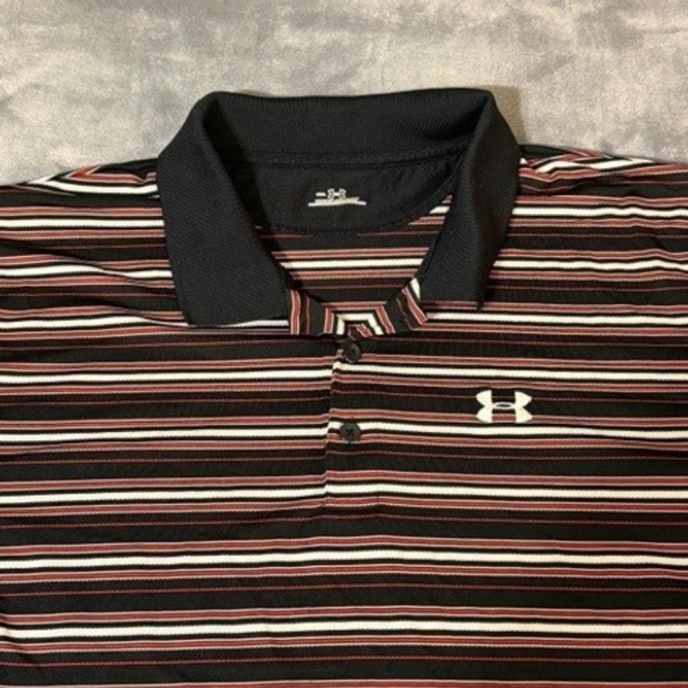 Under Armour Mens XXL HeatGear Striped Polo Shirt Black Red White Short Sleeve